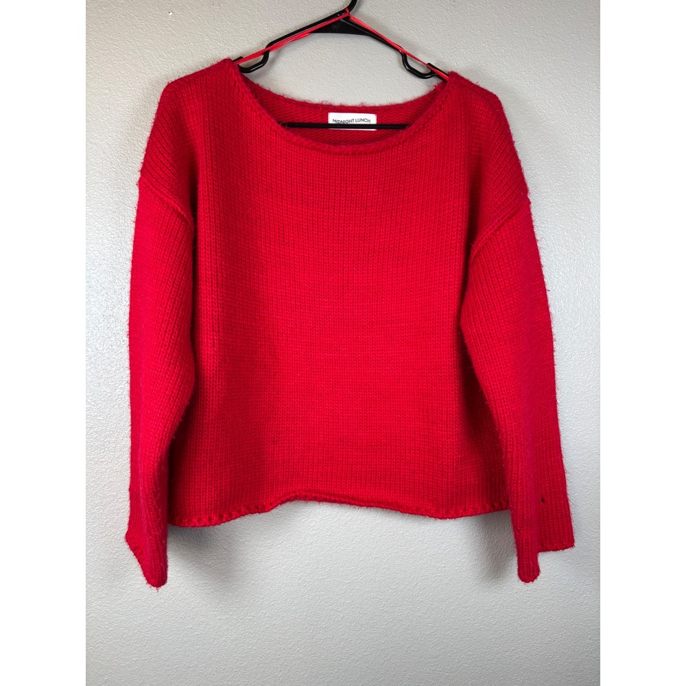 Midnight Lunch Red Acrylic Knit Sweater Boat Neck Long Sleeve Women Medium‎